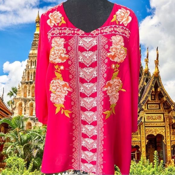 Embroidered pink top size small, soft medium weight 3/4 sleeve. - Picture 1 of 6